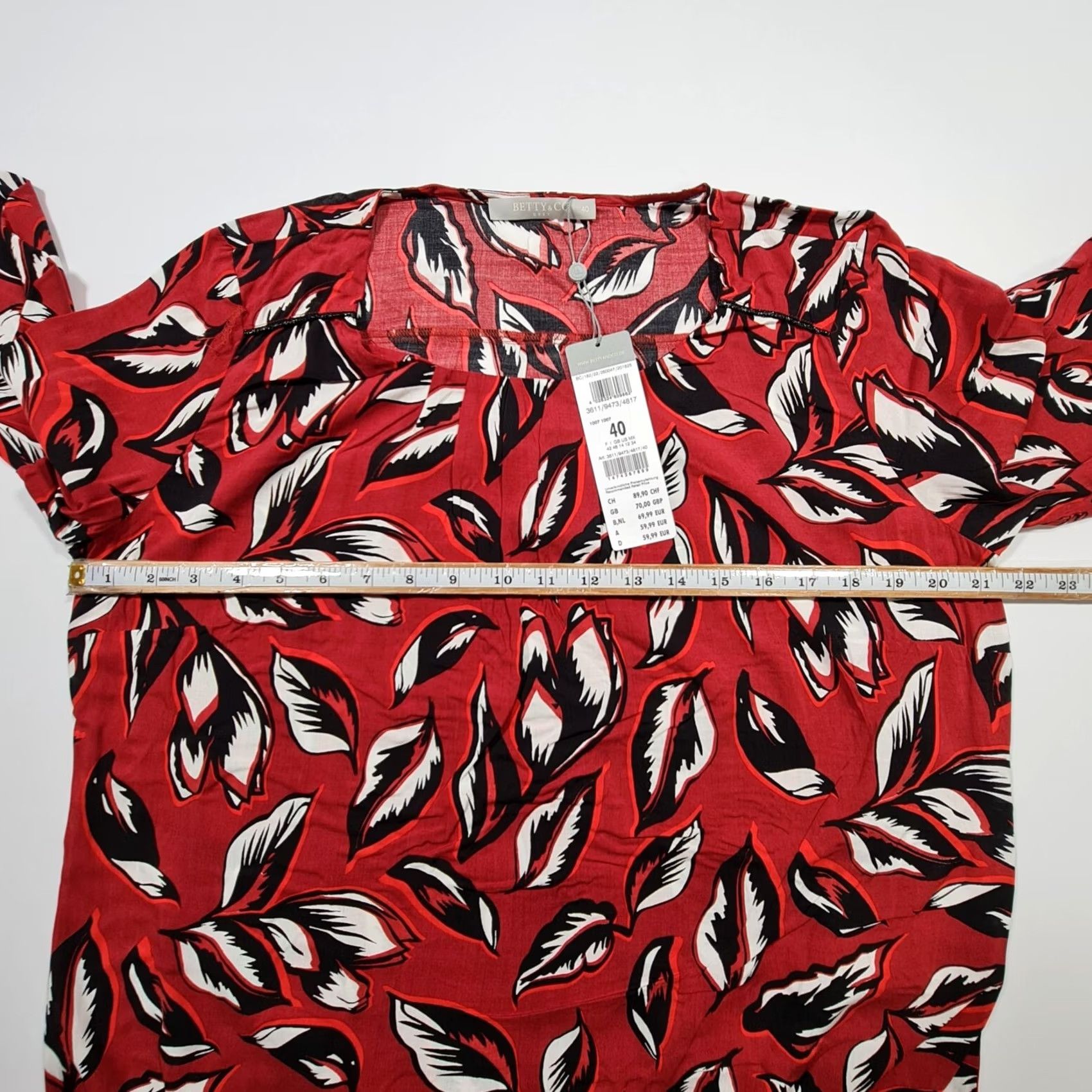 CO Betty & CO Womens Blouse Red 14 UK Floral 3/4 Sleeves Elastic Hem Top Size XL / US 12-14 / IT 48-50 - 4 Thumbnail
