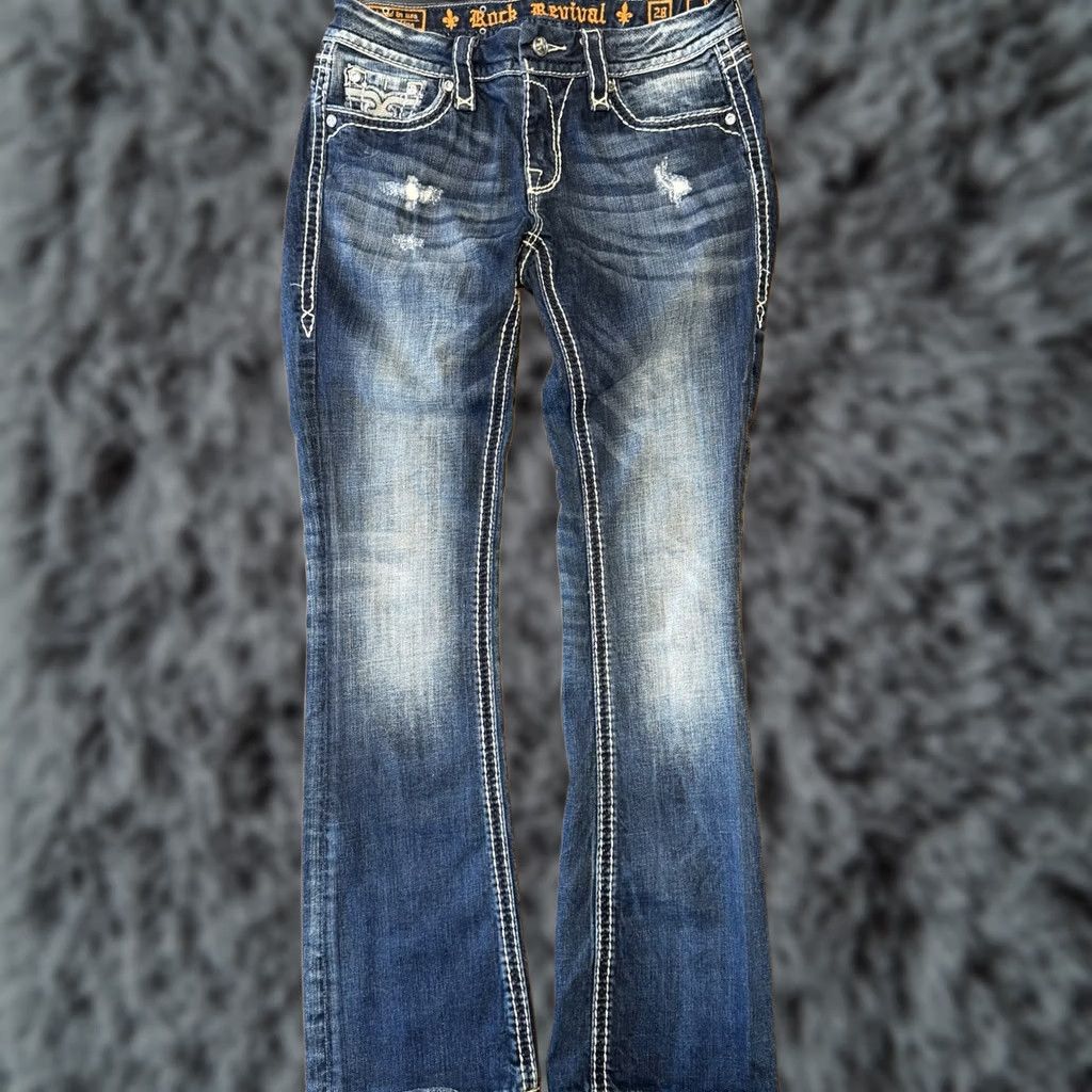 Vintage Rock Revival Kai Boot Jeans Womens Size 28 Blue Denim Bling Rhinestone Embroidered Thumb? Size 29" - 1 Thumbnail