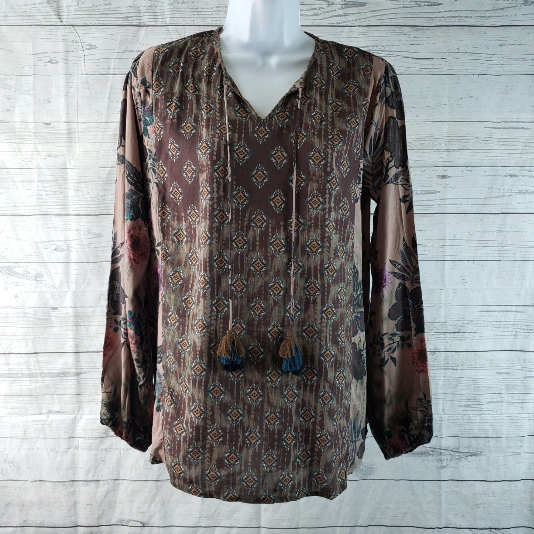 IOLANI Tolani Collection Womens Top Blouse Sz S Brown Blue Floral Long Sleeve V-Neck Tassels Size S / US 4 / IT 40 - 2 Thumbnail