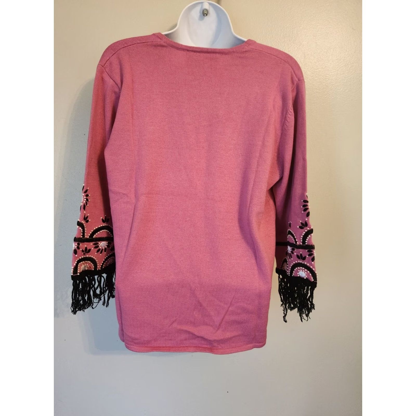 Bob Mackie Bob Mackie Wearable Art Cardigan XS Pink Black Fringe Pearls Buttons 3/4 Sleeve V-Neck Sweater Women Cardigan Casual Vintage No Size XS / US 0-2 / IT 36-38 - 4 Thumbnail