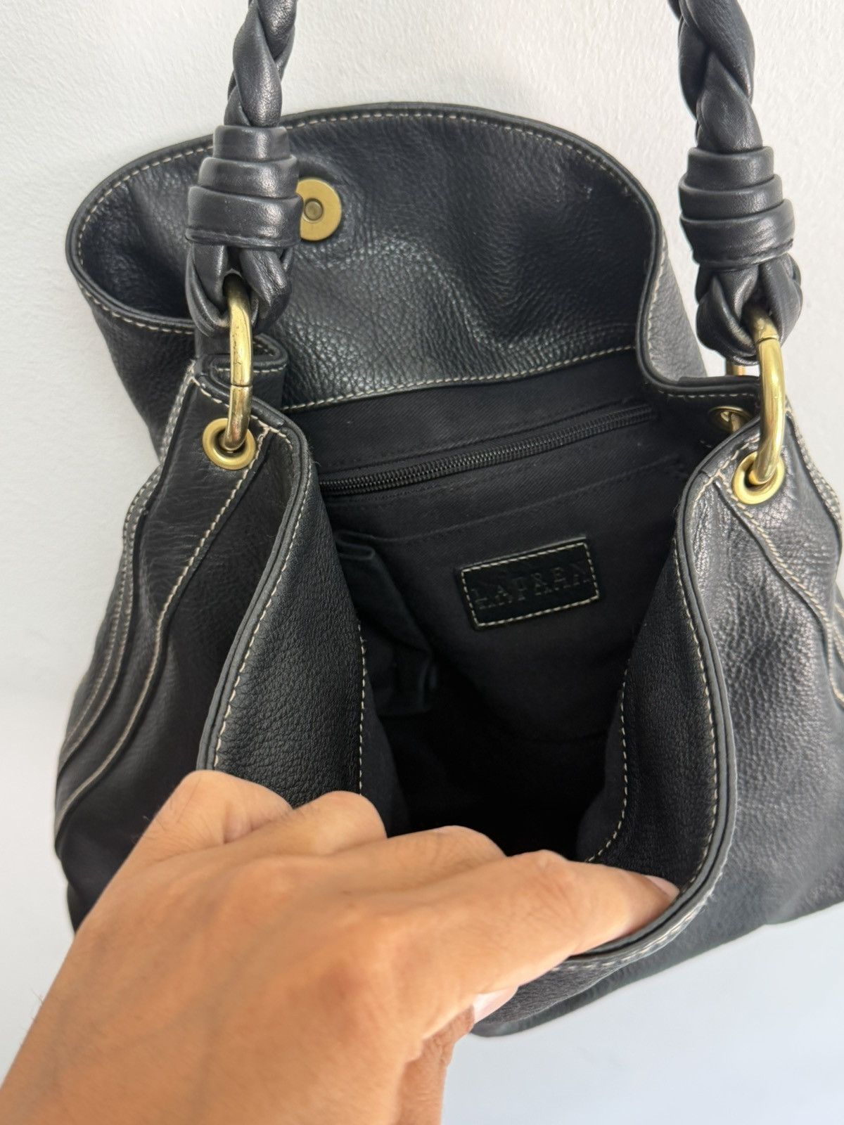 Lauren Ralph Lauren Lauren Ralph Lauren RLL Black Pebbled Leather Hobo Size ONE SIZE - 8 Thumbnail
