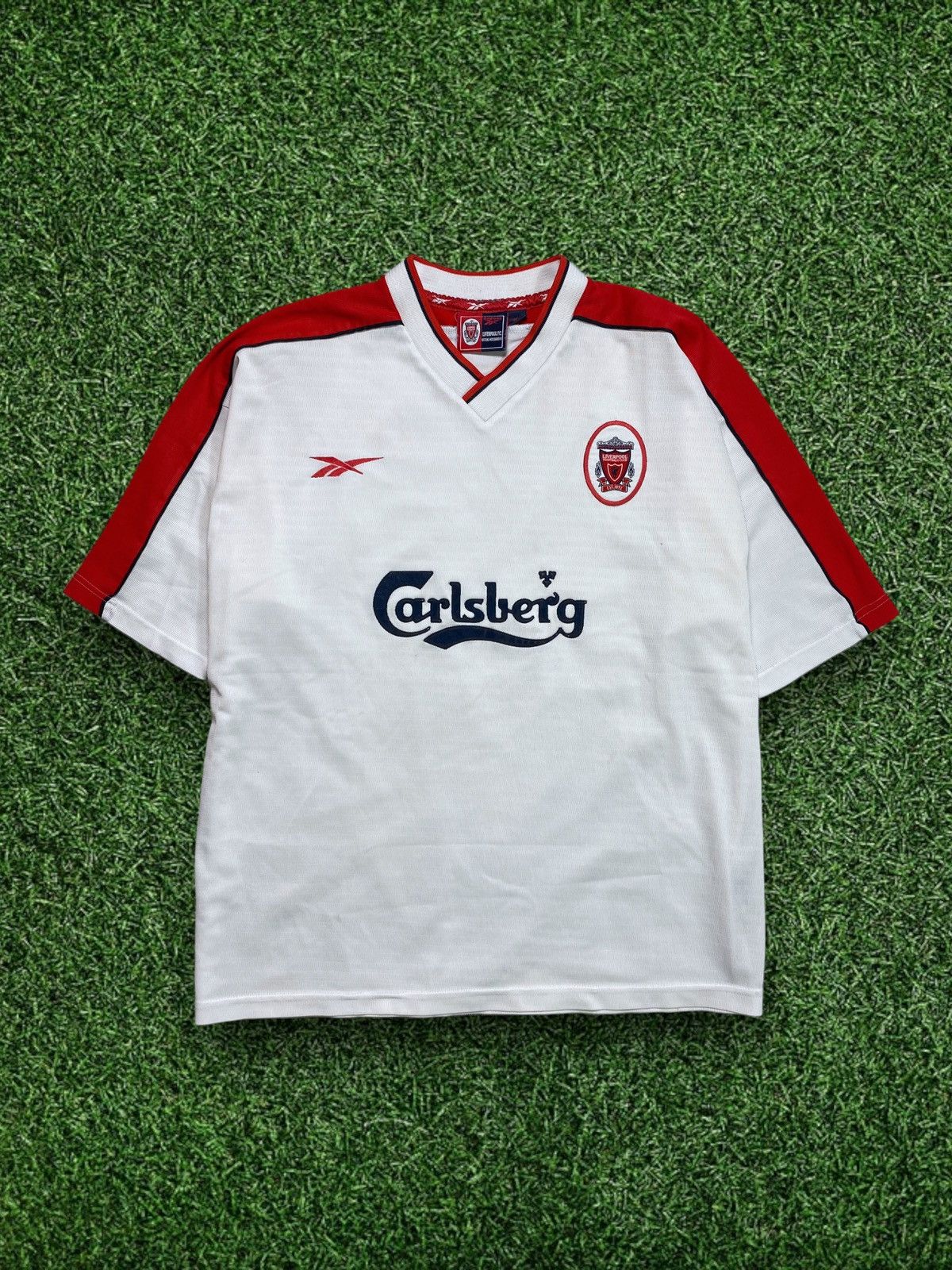 image of Liverpool Reebok Vintage 90's Soccer Football Jersey Carlsber in White, Men's (Size XL)