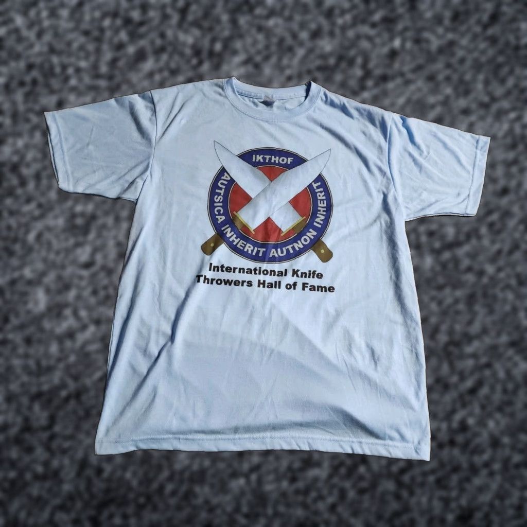 Doublet Vapor Mens XL International Knife Throwers Hall Of Fame T Shirt Double Sided Blue Crew Neck Long Sleeve Polyester Blend Regular Mens XL T-Shirt Size US XL / EU 56 / 4 - 1 Thumbnail