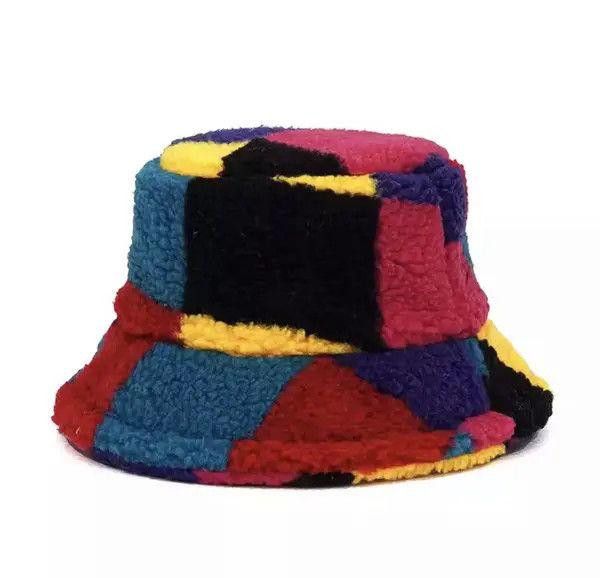 image of Colorful Patchwork Faux Fur Bucket Hat, Men's