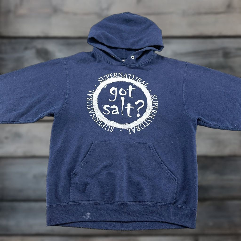 VINTAGE Supernatural Hoodie Mens M Blue Navy Pullover Got Salt Cotton Skater Y2K