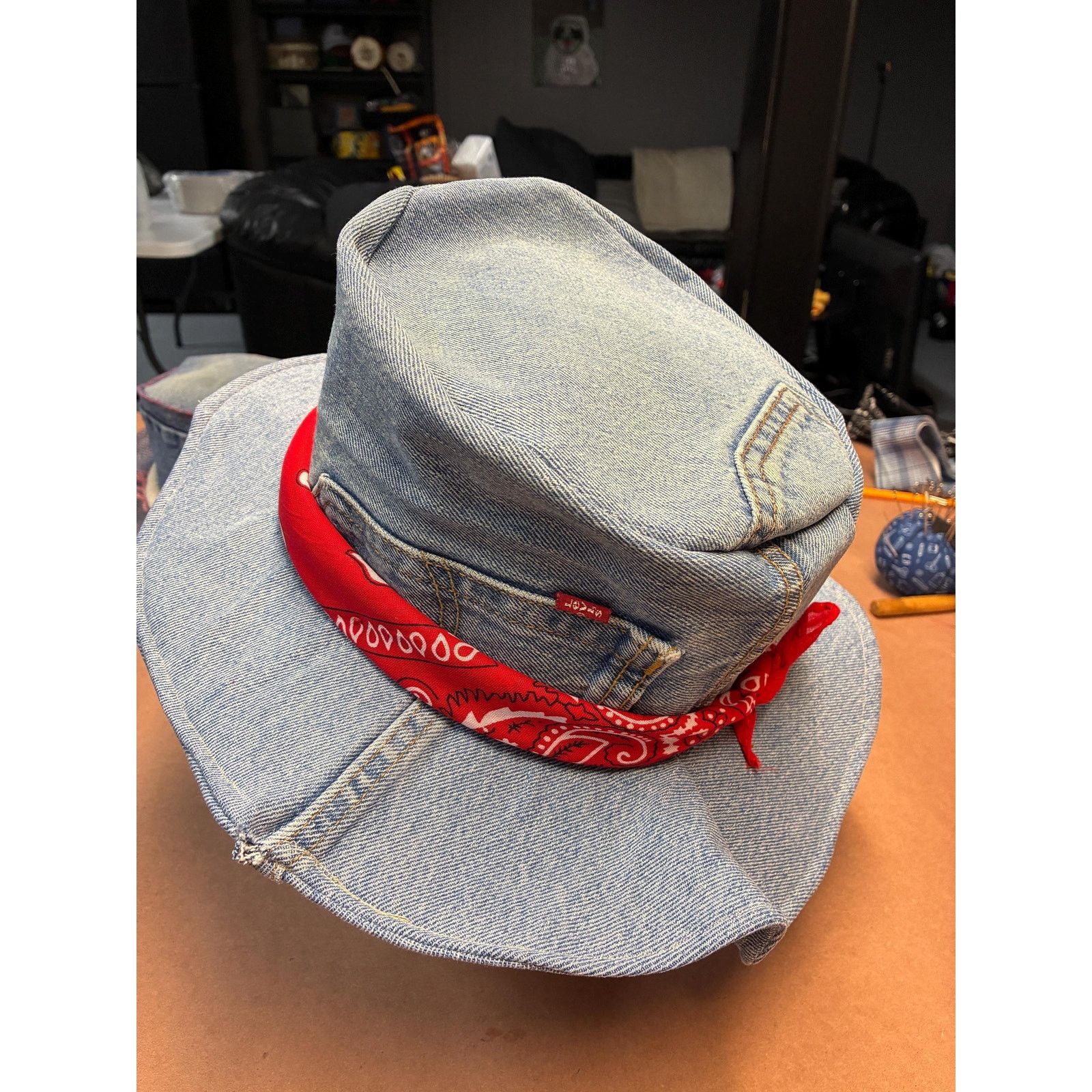 Other The Rodeo — Upcycled Denim Western Hat, Red Bandana Band, Size ONE SIZE - 6 Thumbnail