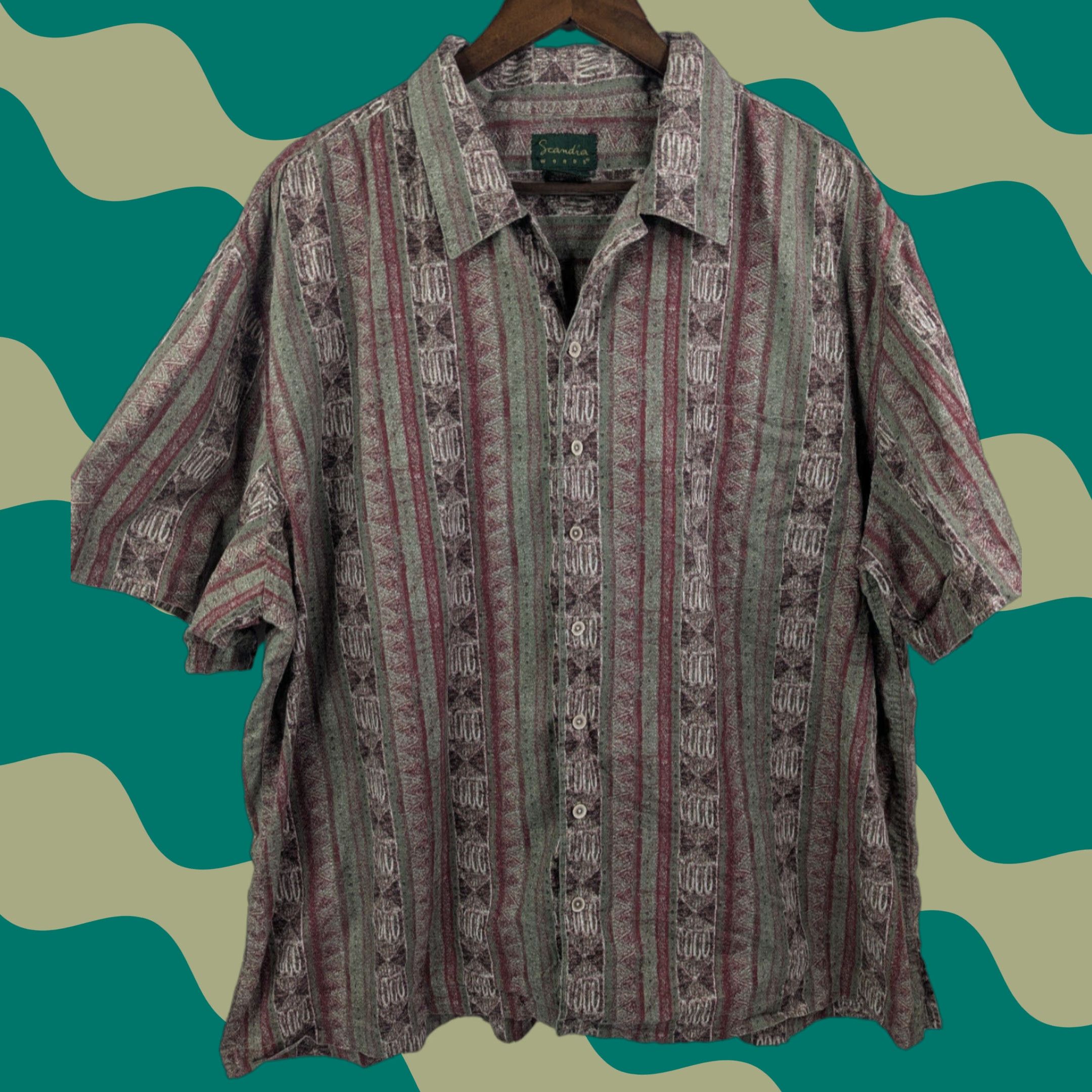 Vintage VINTAGE Scandia Woods Southwest Tribal Aztec Striped Island Camp Shirt Men's 2XL Red Cotton Button-Up Short Sleeve Casual Aztec Pattern Size US XXL / EU 58 / 5 - 1 Thumbnail