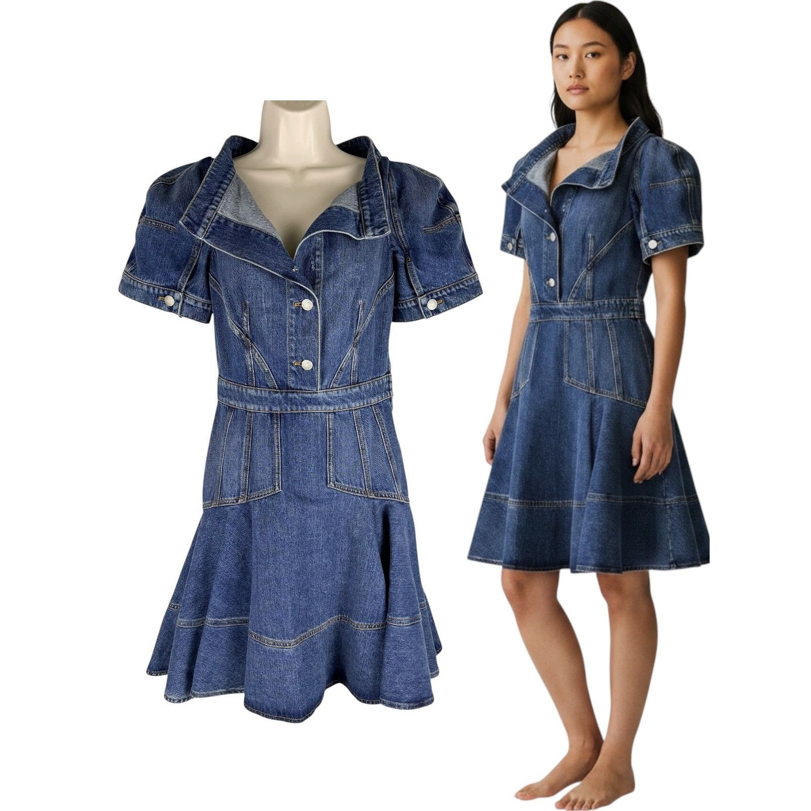 Alexander McQueen Alexander Mcqueen Denim Puff Sleeve Flare Short Dress Blue Size S / US 4 / IT 40 - 1 Thumbnail