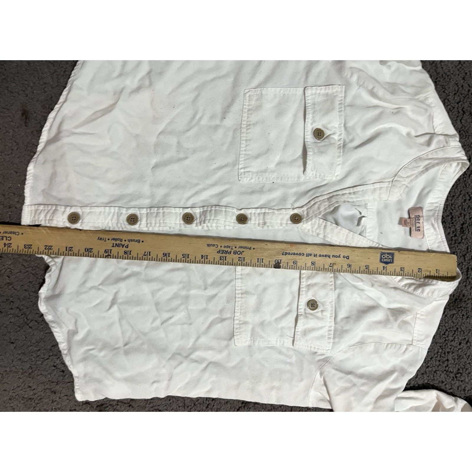 Vintage Per Se Blouse White Rayon Ruched Bodice Button Down L/S Cotton Blend Slim Fit Women's Shirt, L Size L / US 10 / IT 46 - 6 Thumbnail