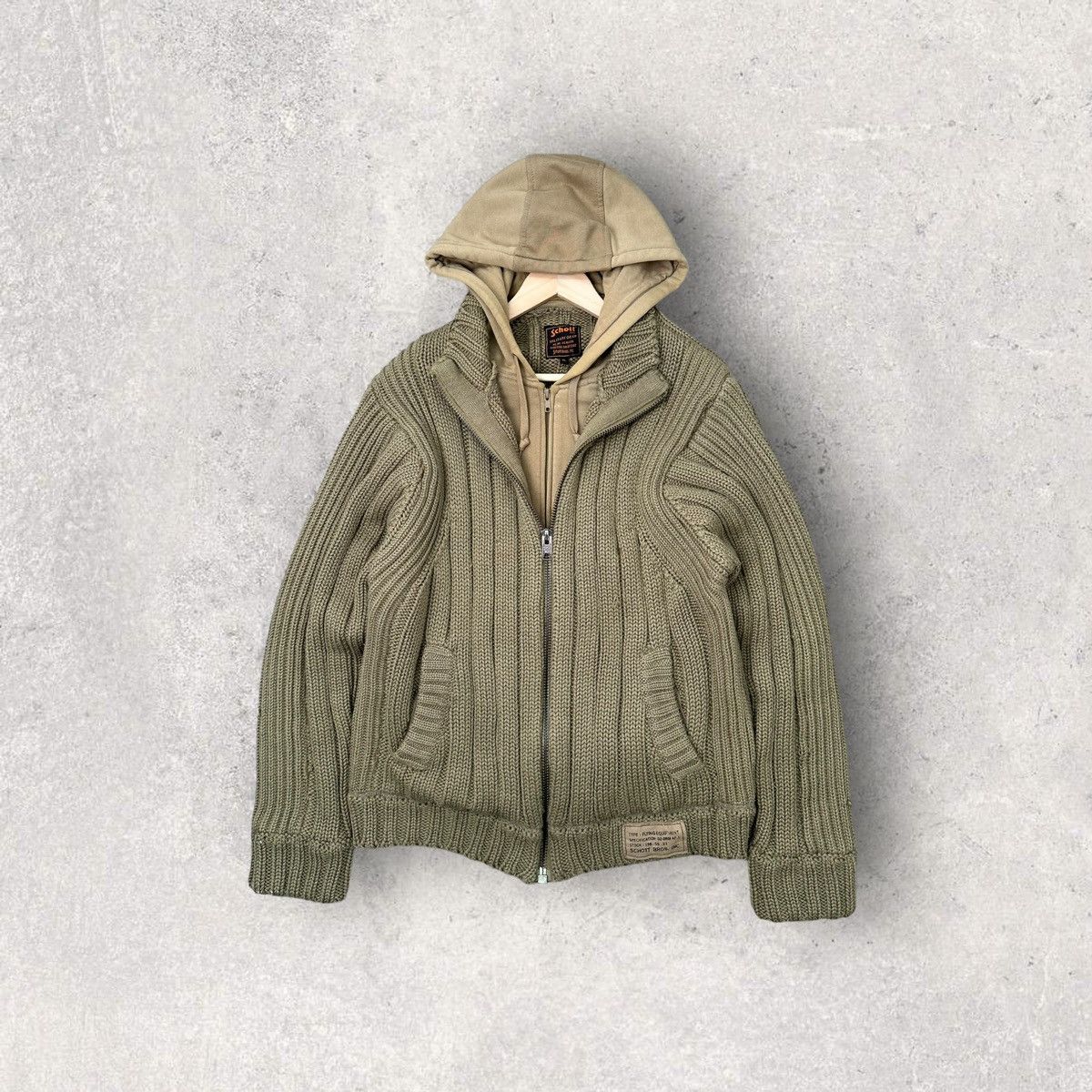 Pre-owned Made In Usa X Schott Military Flying Equipment Cable Knit Hooded Jacket In Beige