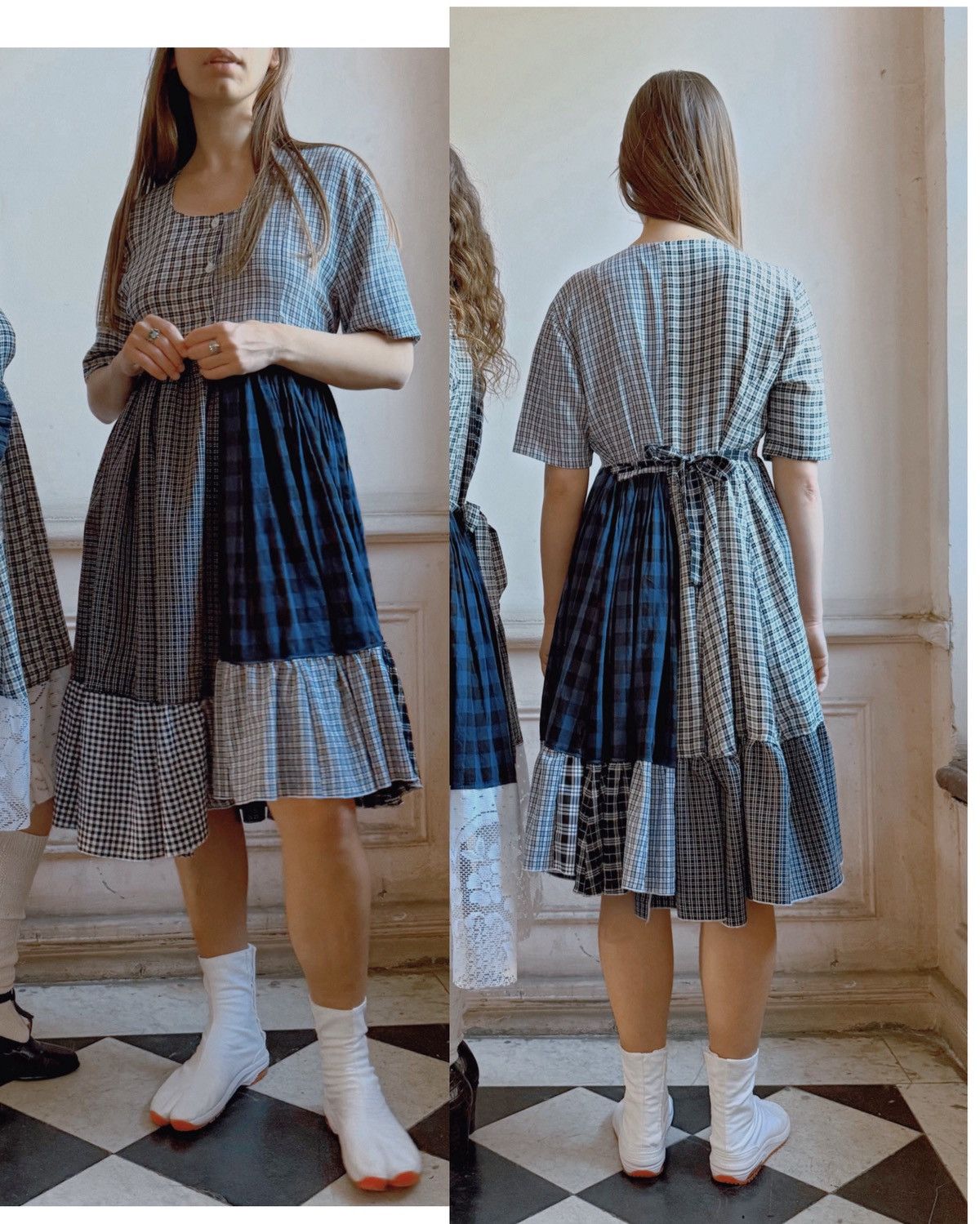 Custommade upcycled vintage plaid midi dress short sleeve Size M / US 6-8 / IT 42-44 - 4 Thumbnail