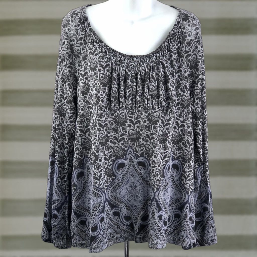 Vintage VINTAGE Liz Wear Top 2XL gray Geometric Balloon Long Sleeve Pleated Scoopneck Boho Ladies Blouse Size XXL / US 16-18 / IT 52-54 - 1 Thumbnail