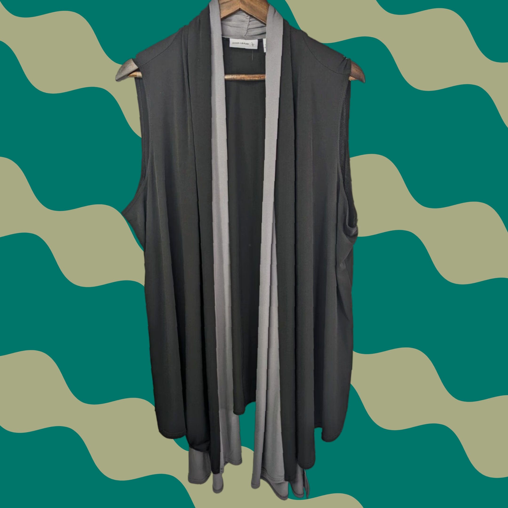 Vintage Susan Graver Cardigan Womens 2X Sleeveless V-Neck Black Grey Open Front Knit Sweater Casual Workwear Night Party (All Seasons) US Size XXL / US 16-18 / IT 52-54 - 1 Thumbnail