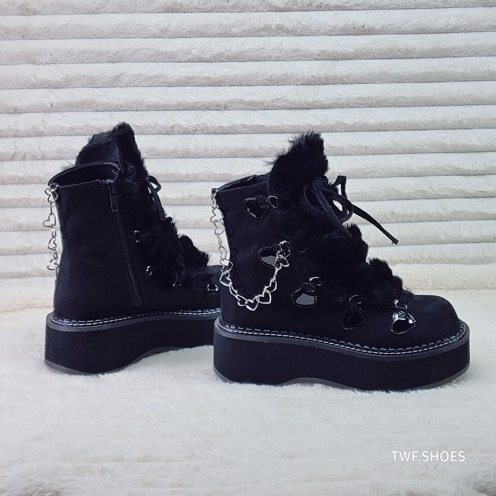 Other Emily Black Furry Heart Chain Goth 2" Platform Ankle Boots 5 Size US 10 / IT 40 - 2 Thumbnail