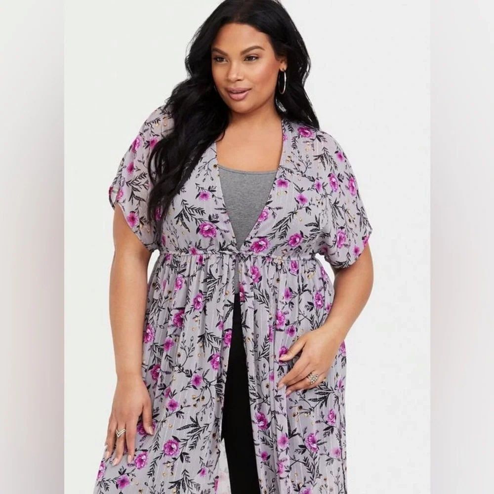 Torrid Torrid Kimono Grey Floral Lurex Duster Swim Cover Up 1/2 Size XXL / US 16-18 / IT 52-54 - 2 Thumbnail