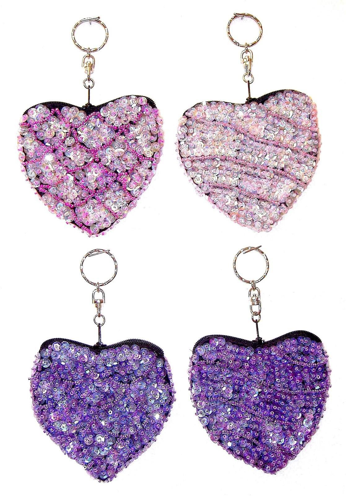 Designer Sequin Beaded Coin Purse Keychain Pink & Purple Hearts Size ONE SIZE - 1 Preview