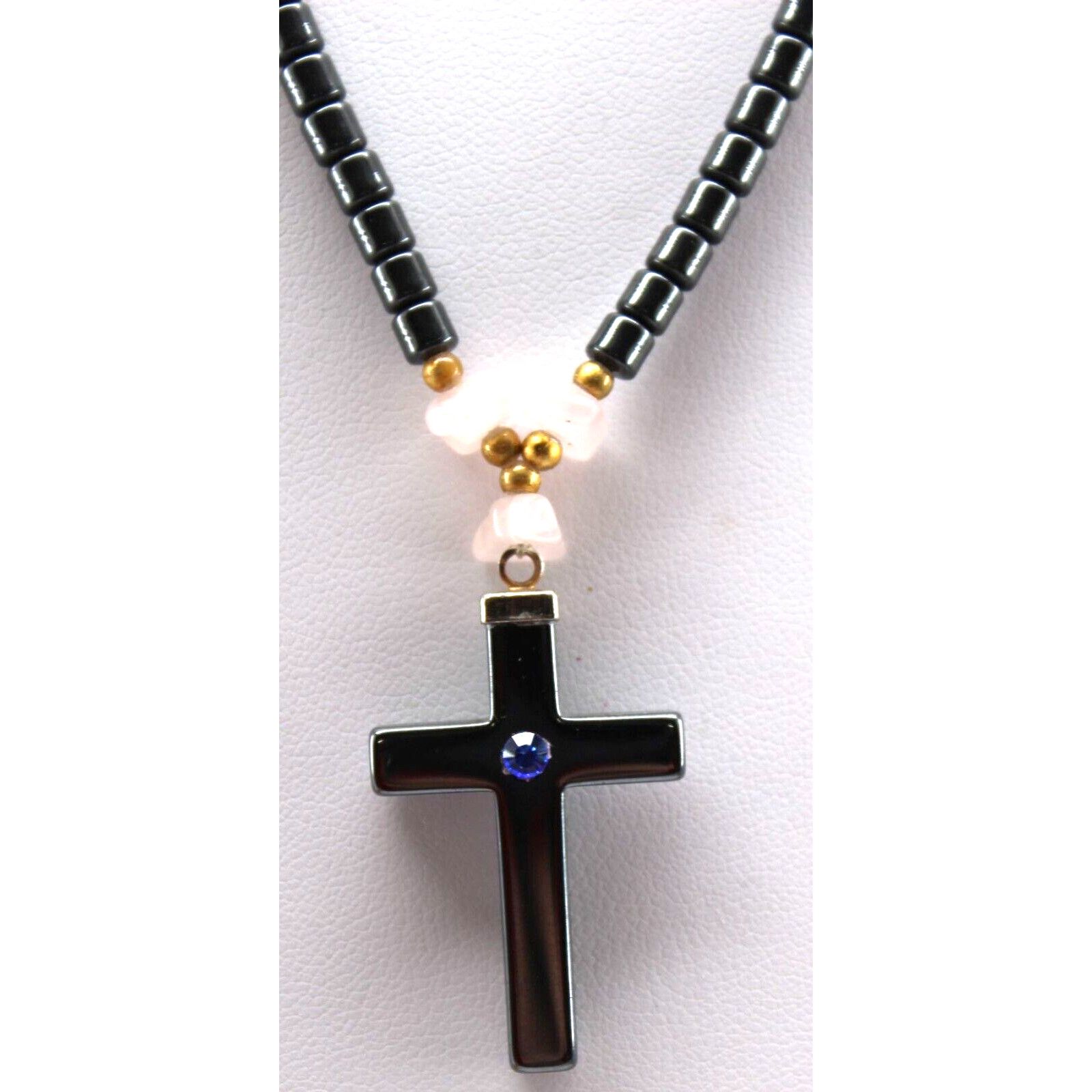 Other Hematite Cross Necklace Pendant Blue Rhinestone 16" Chain Size ONE SIZE - 2 Thumbnail