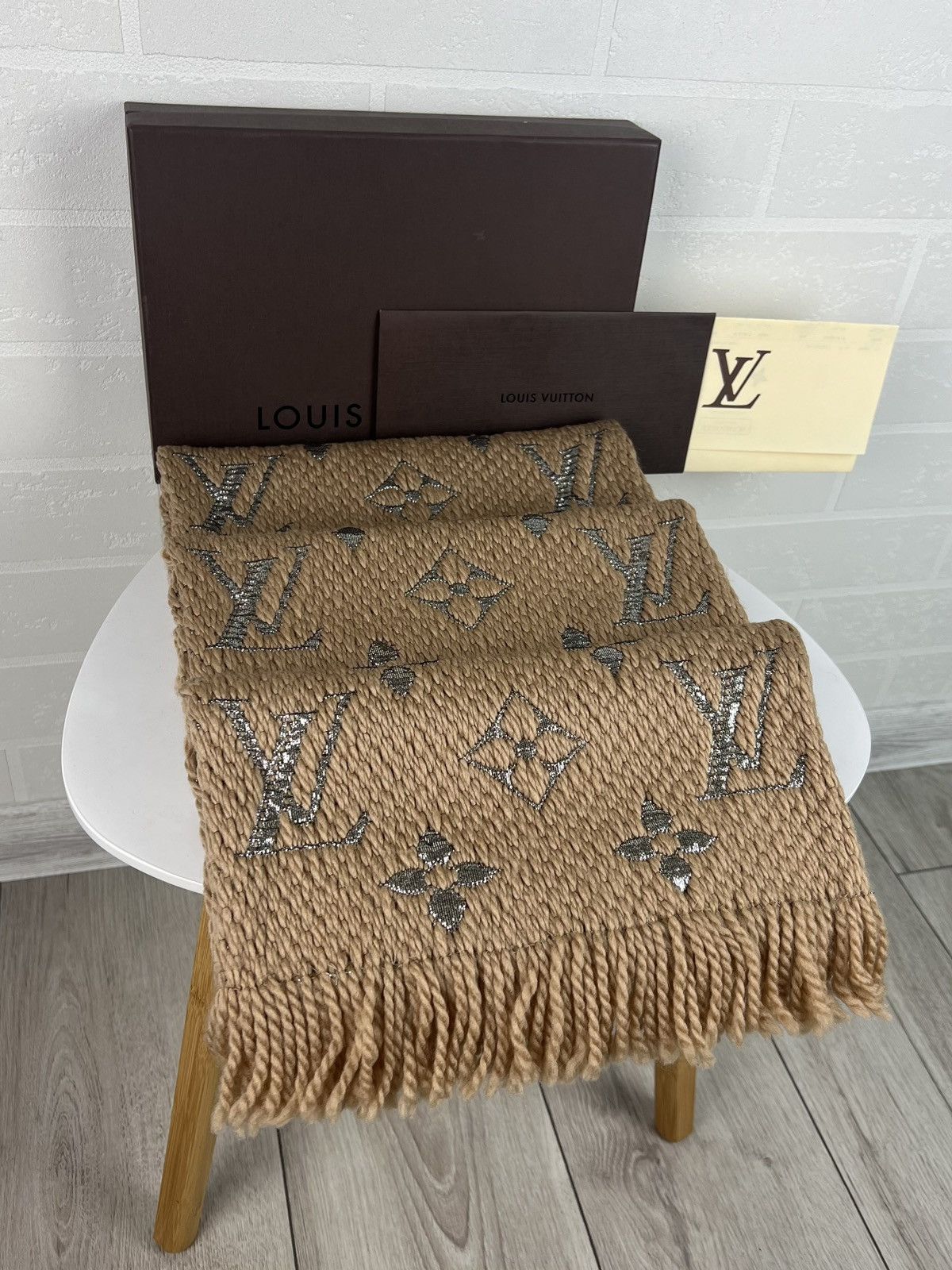LOUIS VUITTON Scarf Echarpe LV Logomania Monogram Wool Silk