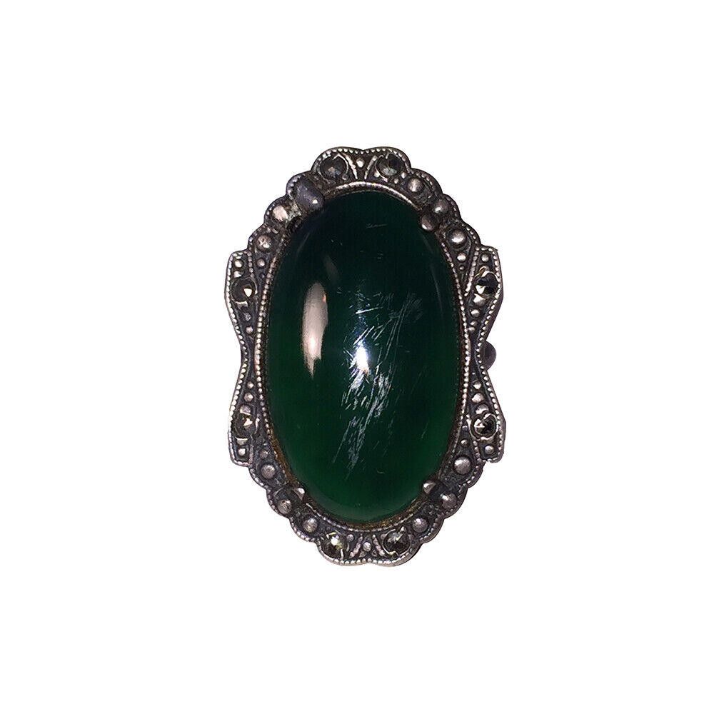 Designer Art Deco Sterling Oblong Green Chrysoprase & Marcasite Ring Size ONE SIZE - 1 Thumbnail