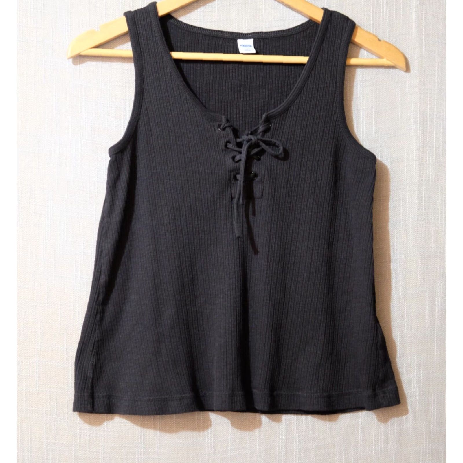 Old Navy EUC Old Navy Tank Top Lace Up Neck Black Ribbed Stretch Women's S Tank Shirt Slim Regular Size S Camisole? Size S / US 4 / IT 40 - 2 Thumbnail
