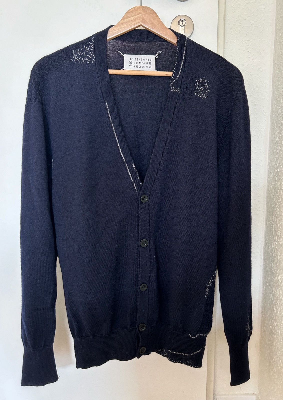 image of Maison Margiela Distressed Cardigan in Navy, Men's (Size Medium)