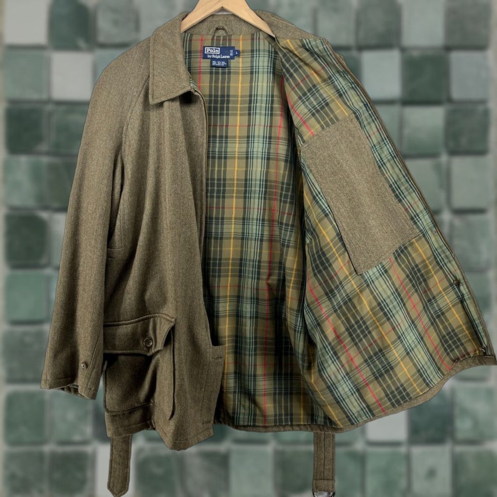 POLO RALPH LAUREN Wool Coat Mens L Green Full Zip Belted Plaid
