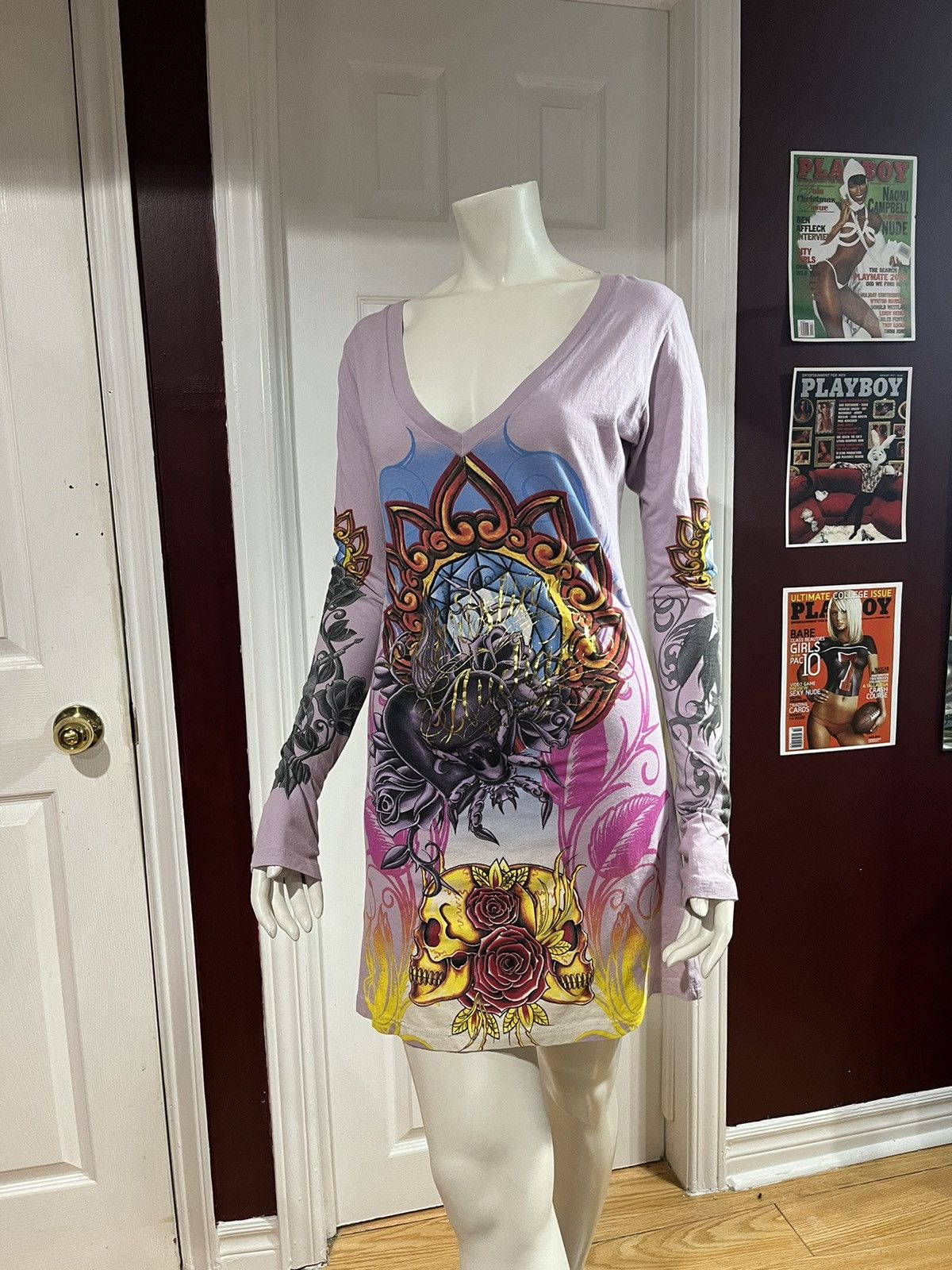 knee length dresses for ladies Ed Hardy Women's Dragon Long Sleeve Mini Dress Black