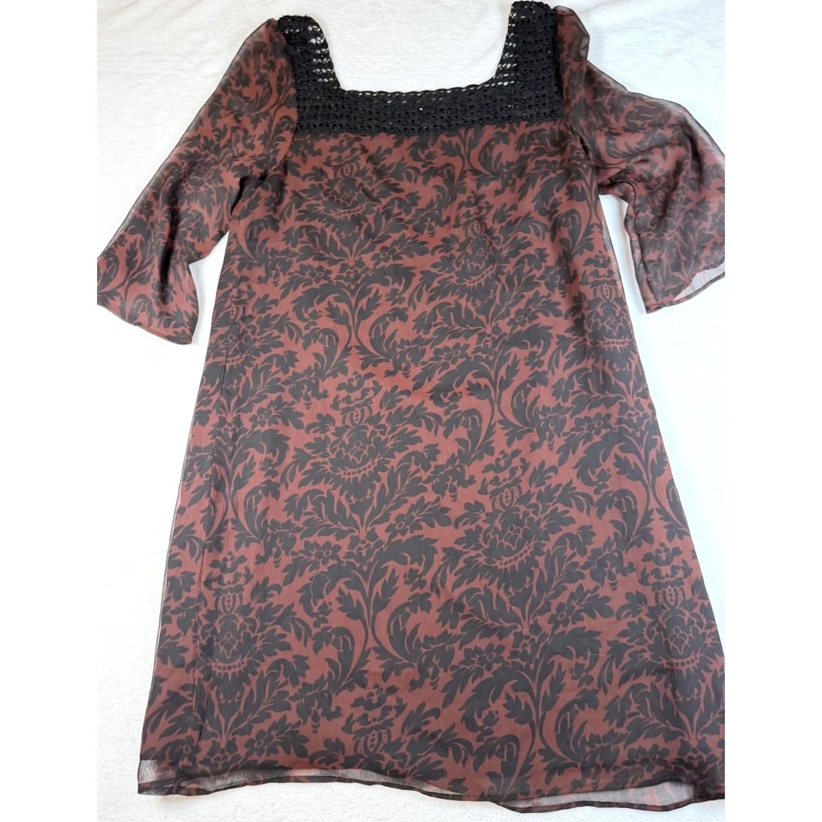 Vintage Vertigo Paris Womens M Brown Floral Chiffon Crochet Shift Knee Length Size M / US 6-8 / IT 42-44 - 5 Thumbnail