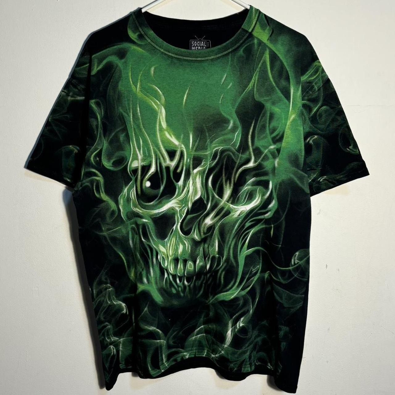 Vintage Early 2000s Slime Green Smoke Skull AOP Tee Shirt Size US L / EU 52-54 / 3 - 1 Thumbnail