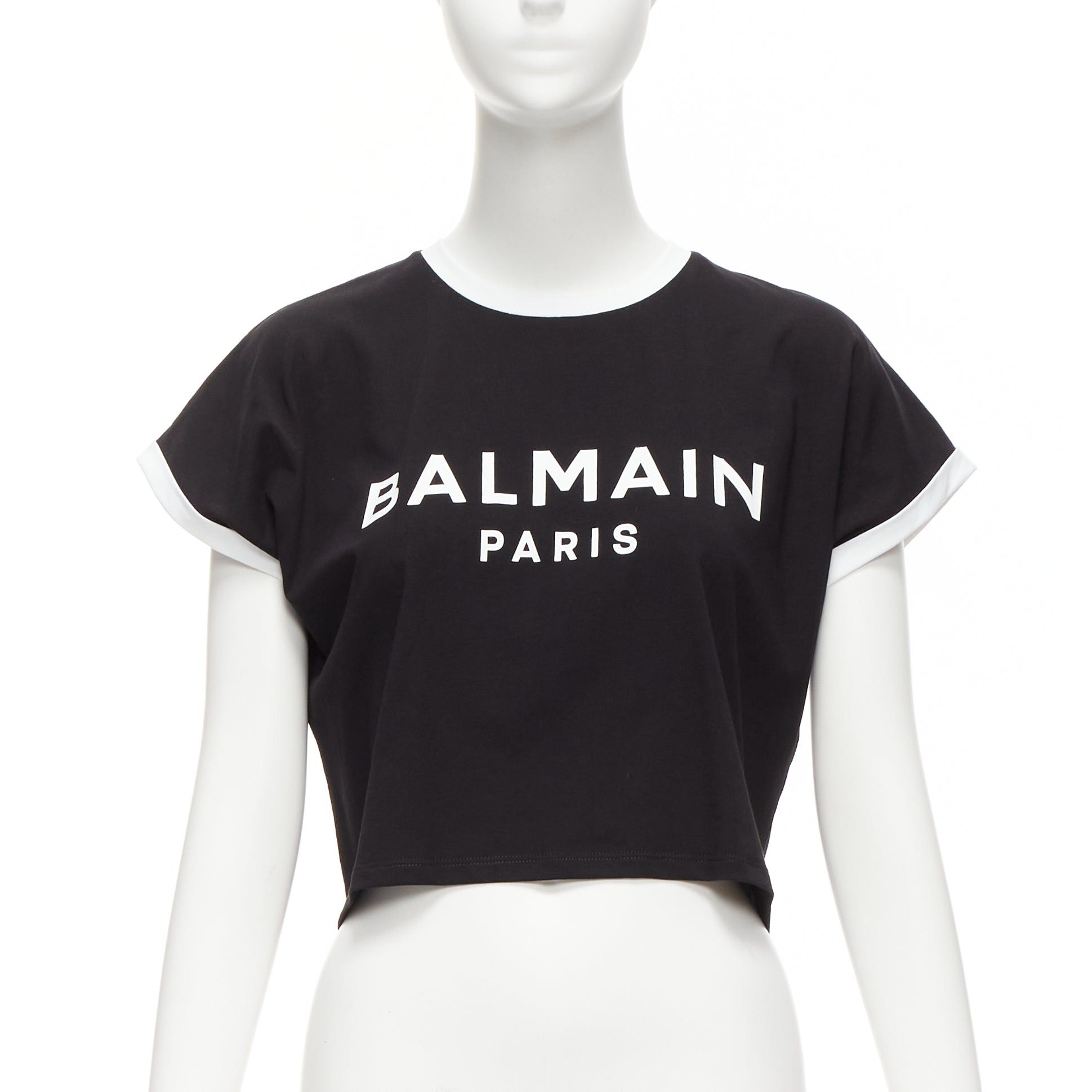 image of Balmain Black White Logo Cap Short Sleeve Ringer Cropped Tshirt Xxs, Women's