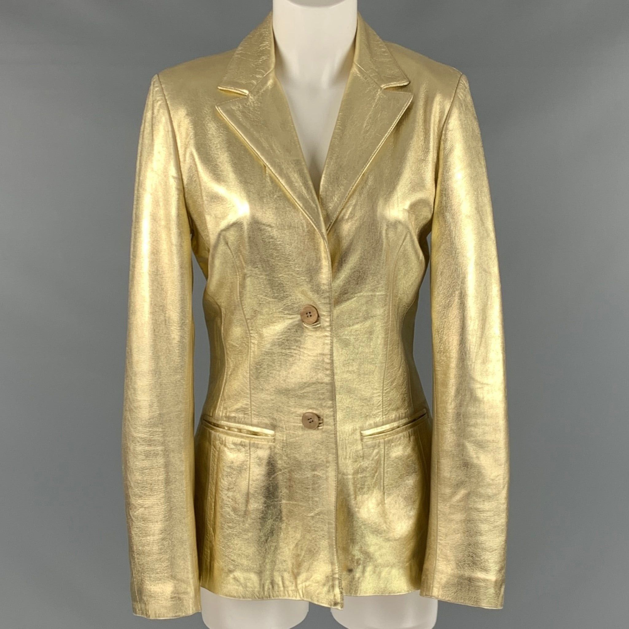 image of Blumarine Gold Leather Metallic Lambskin Jacket, Women's (Size Medium)