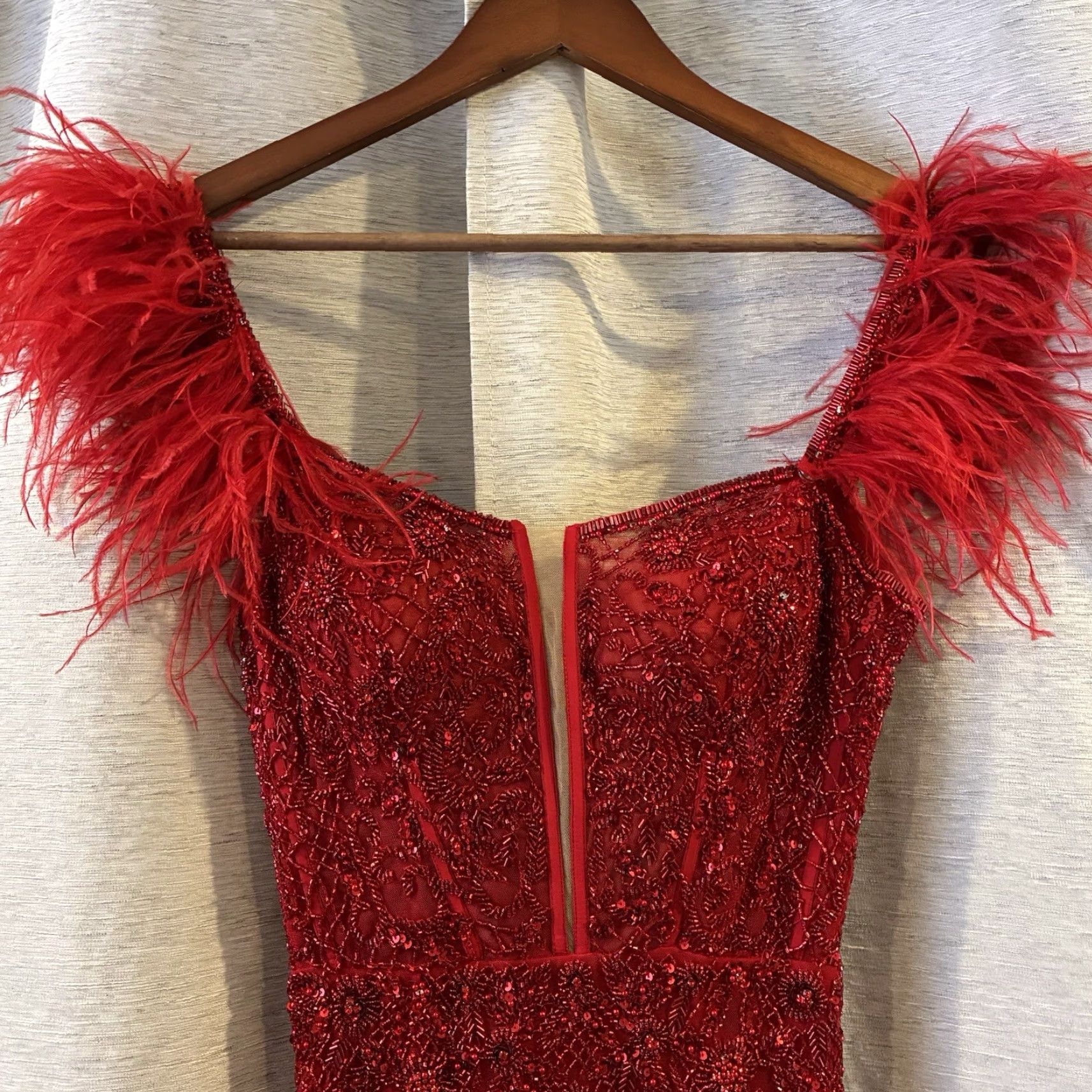 Vintage Sherri Hill Dress Short Red Sequin 55148 Off Shoulder A-Line NWT Size 4 Womens Feathers Prom NWT Size 27" / US 4 / IT 40 - 3 Thumbnail