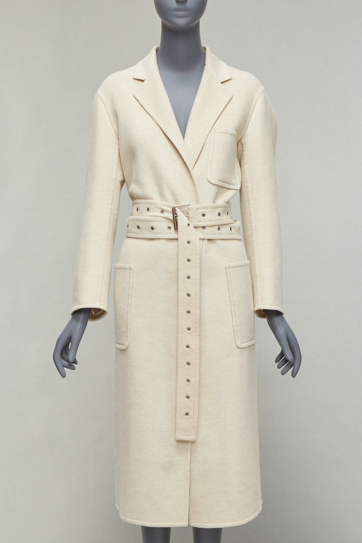 image of Celine 100% Cashmere Cream Extra Long Grommet Belt Longline Coat Fr34 Xs in Beige, Women's