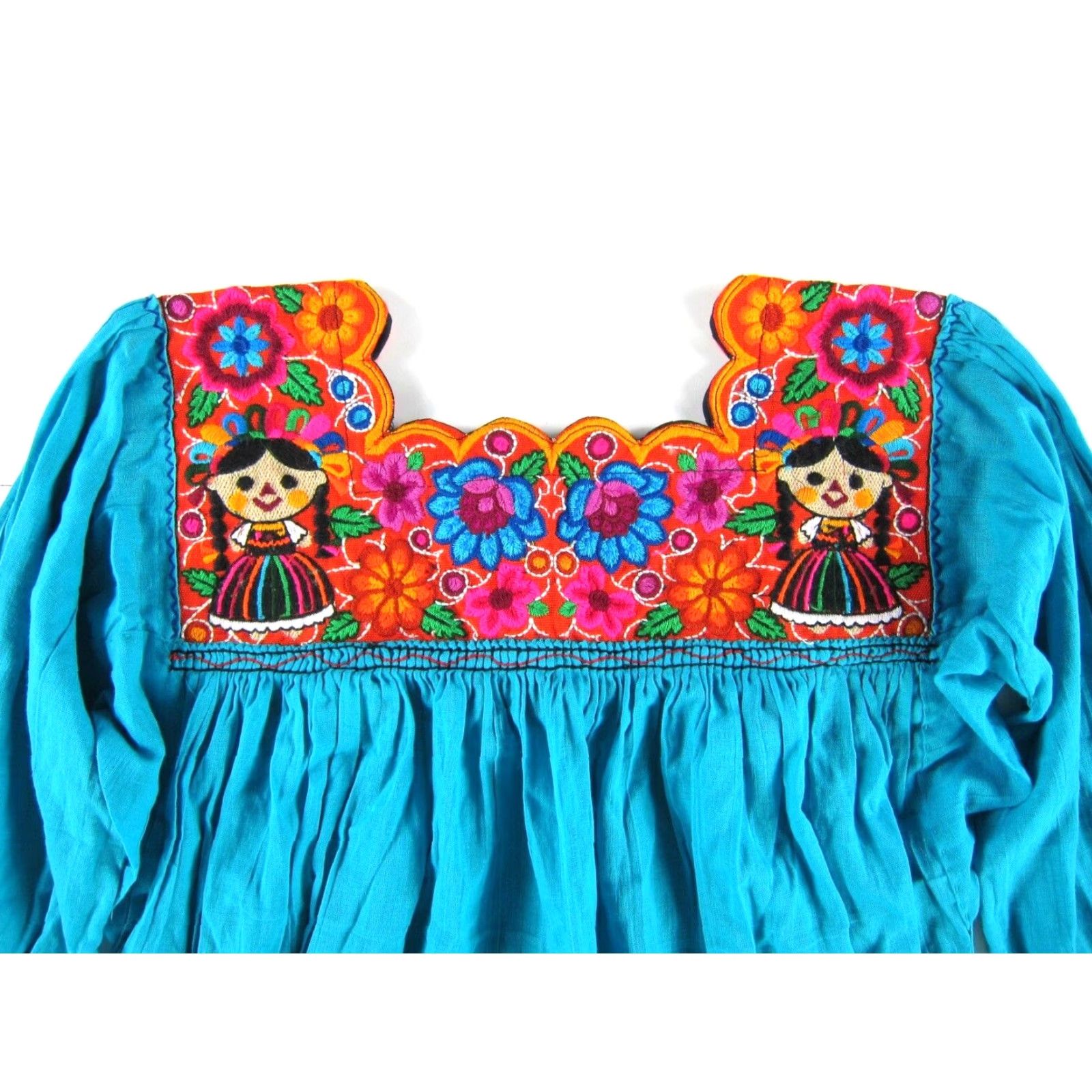 Altea VINTAGE Handmade 100% Cotton Teal Blue Embroidered Floral Ethnic Smock Dress S-M Size S / US 4 / IT 40 - 3 Thumbnail