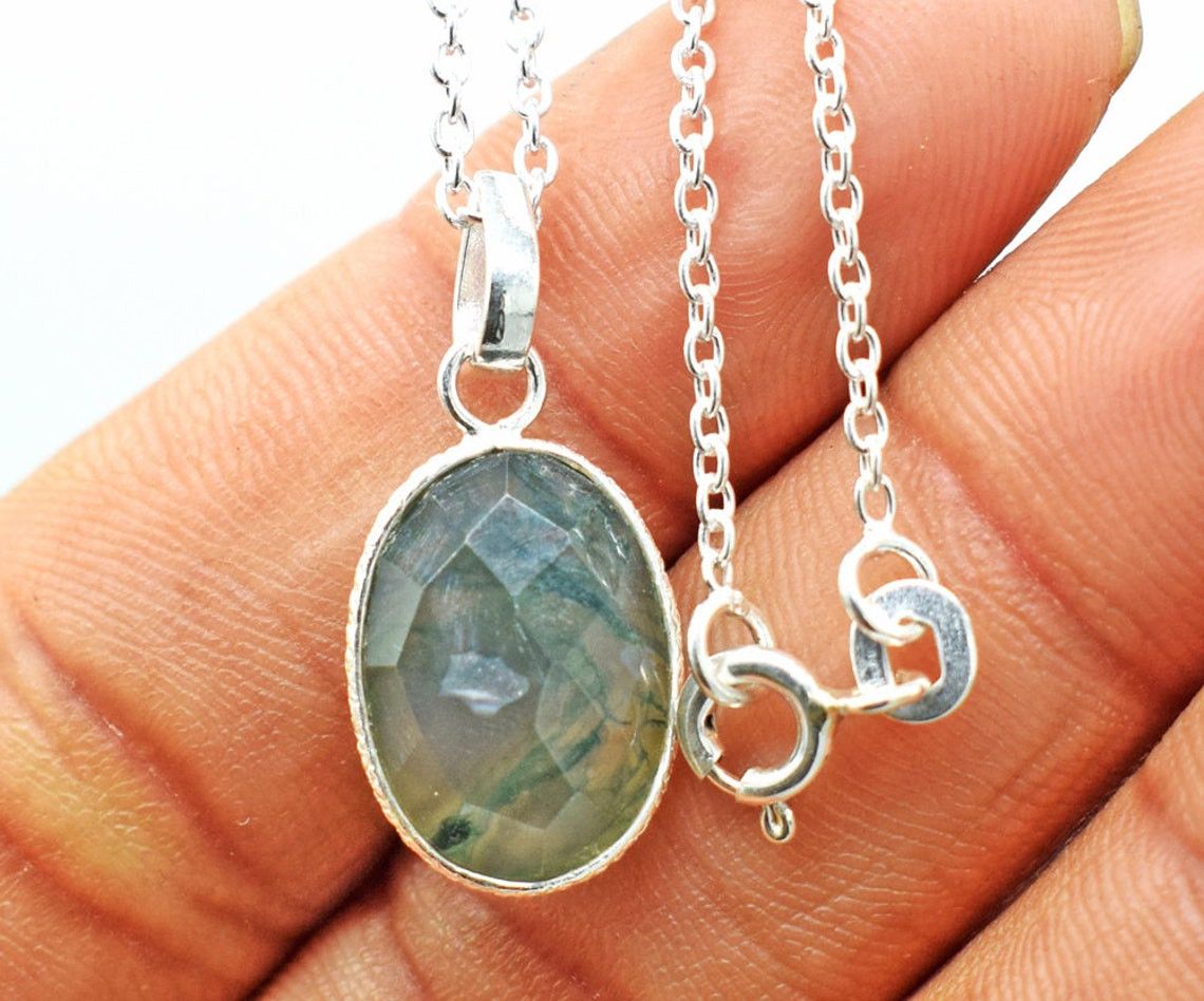 Handmade Natural Moss Agate 925 Sterling Silver Necklace - 18 Inch Size ONE SIZE - 2 Thumbnail