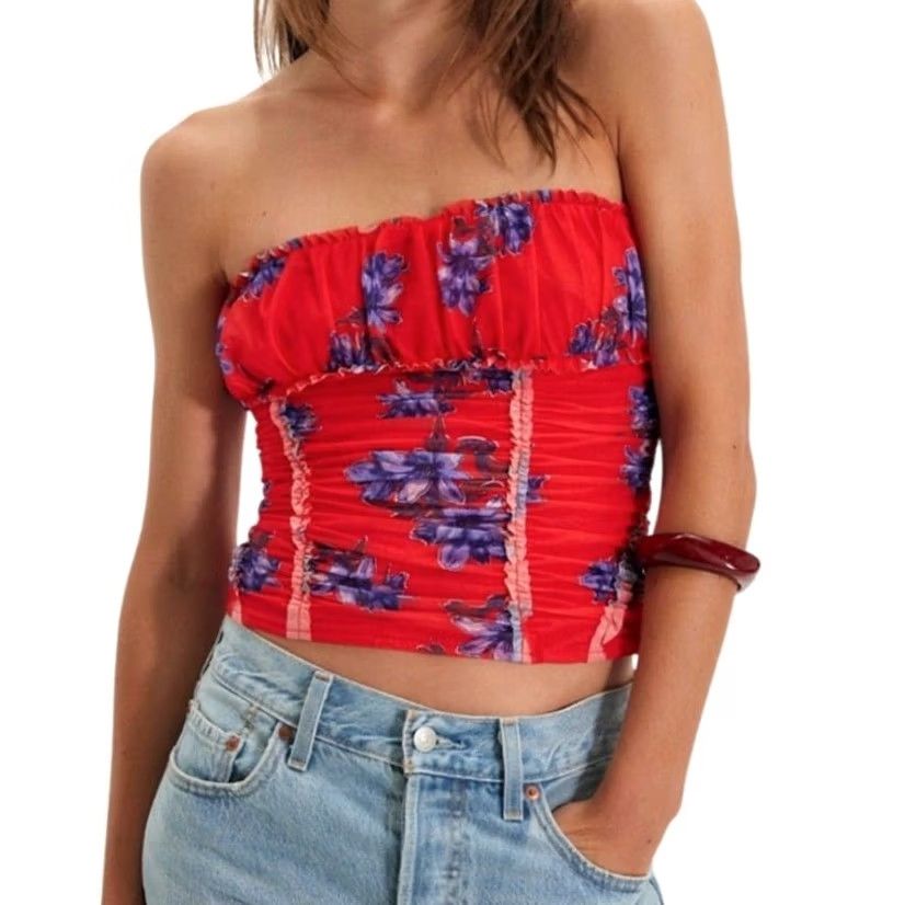 Free People Free People Scottie Printed Tube Top S Red Blue Floral Ruched Stretchy Women Size S / US 4 / IT 40 - 2 Thumbnail