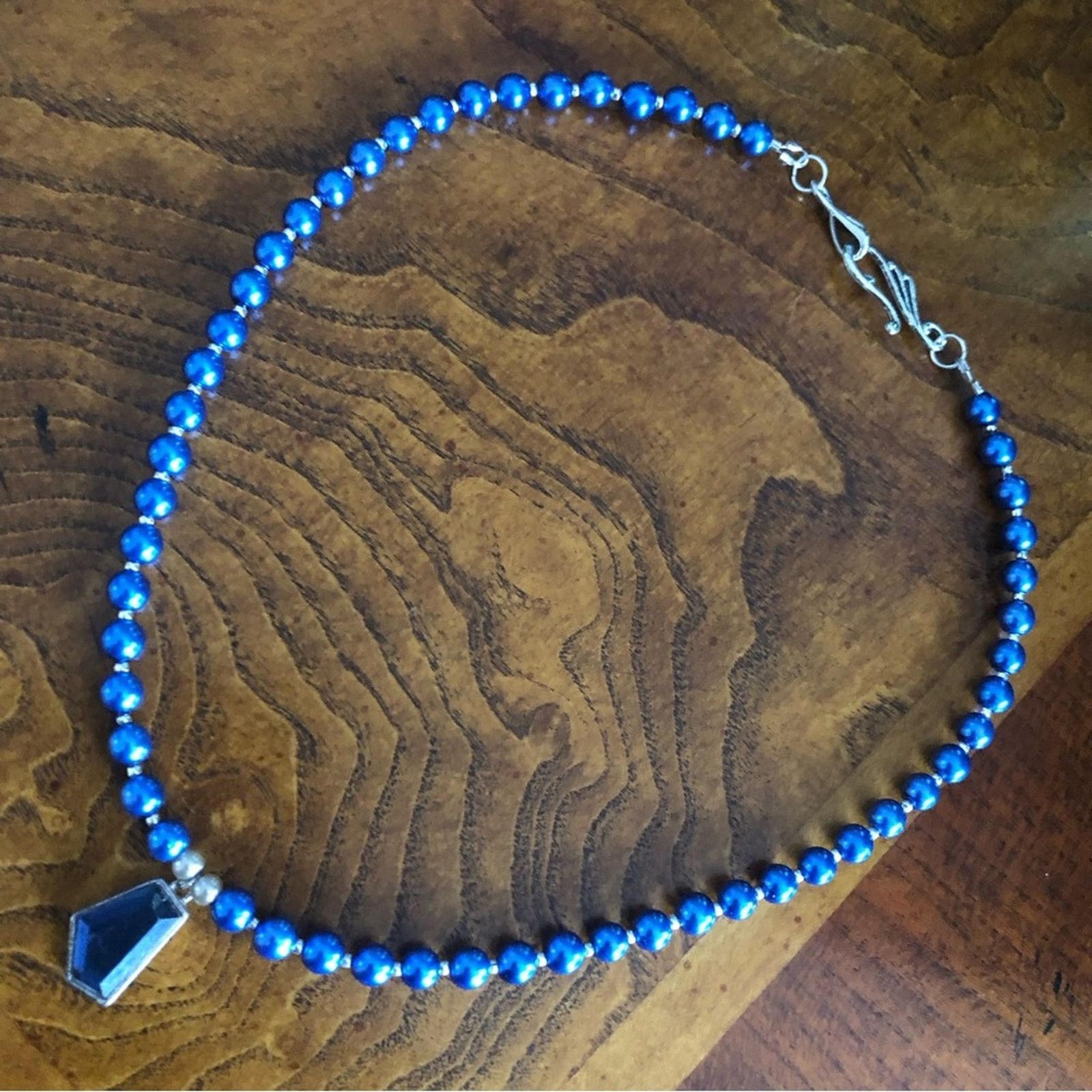 Handmade Handcrafted repurpose blue geometric glass Pearl necklace Size ONE SIZE - 8 Thumbnail