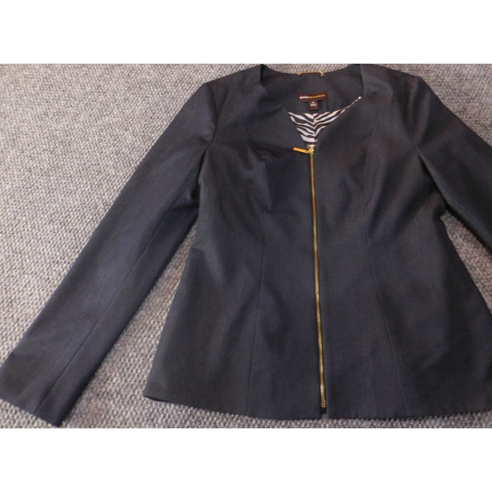 Vintage Dana Buchman Blazer Jacket Blue 6 Womens Zip Polyester Stretch Regular Casual Fall Spring | Jacket Coat Long Sleeve Solid Size M / US 6-8 / IT 42-44 - 3 Thumbnail