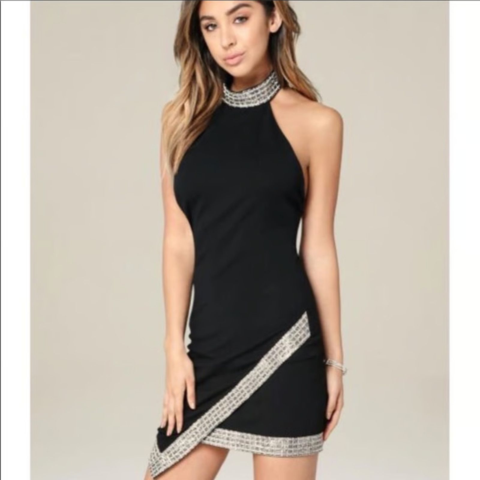 Bebe BEBE BLACK HALTER MINI DRESS RHINESTONE CHOKER JAGGED TRIM S Size S / US 4 / IT 40 - 1 Thumbnail