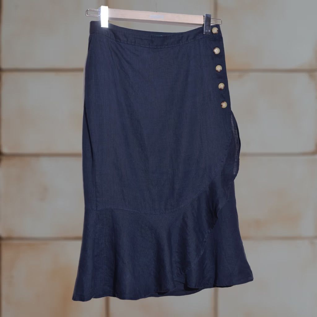 Ralph Lauren Lauren Ralph Lauren Womens Midi Skirt Wrapped 100% Linen Navy Size 8 – Ruffle Blue Wrap Skirt Size 30" / US 8 / IT 44 - 1 Thumbnail