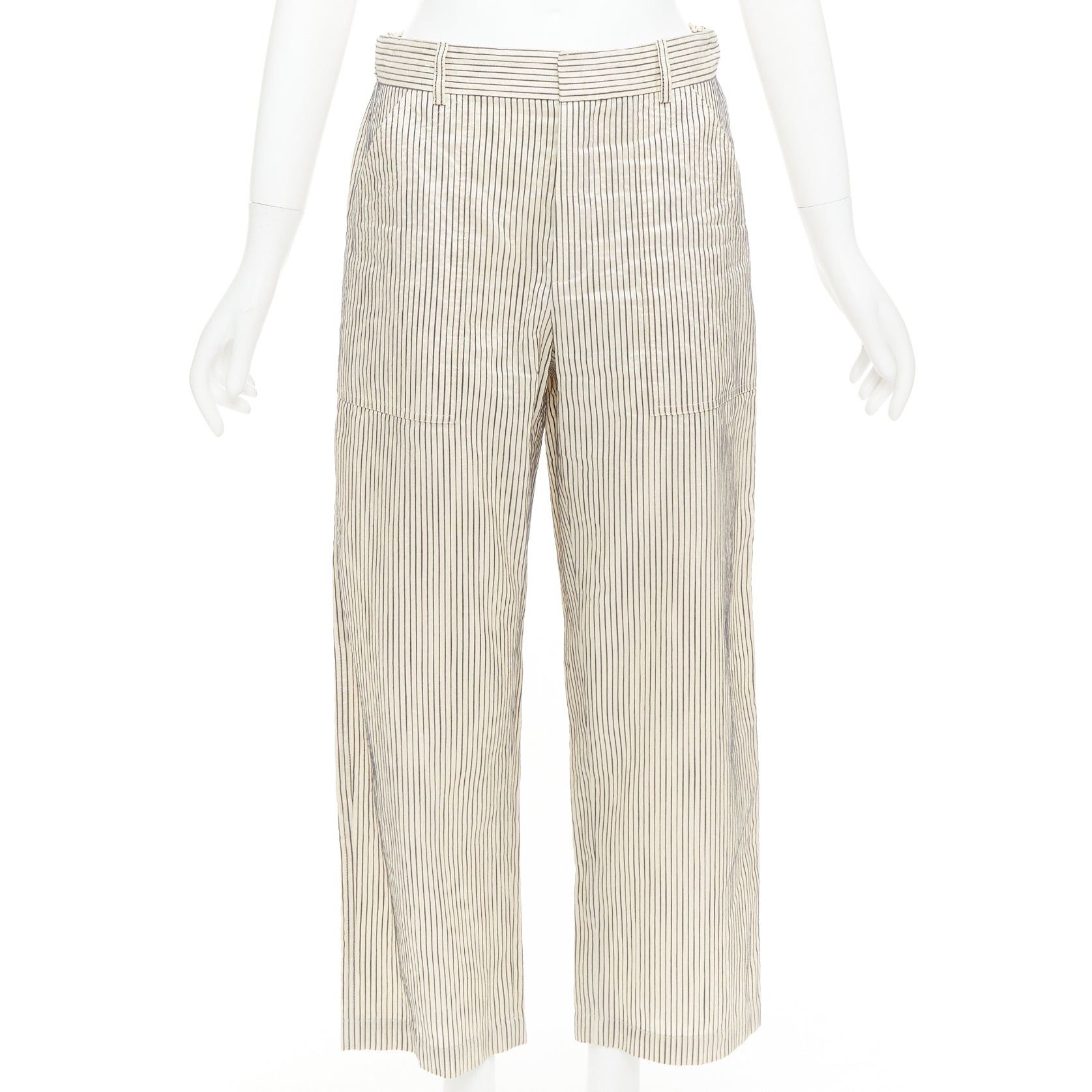 Dior CHRISTIAN DIOR beige navy silk cotton striped cropped wide pants FR36 S Size 27" / US 4 / IT 40 - 1 Thumbnail