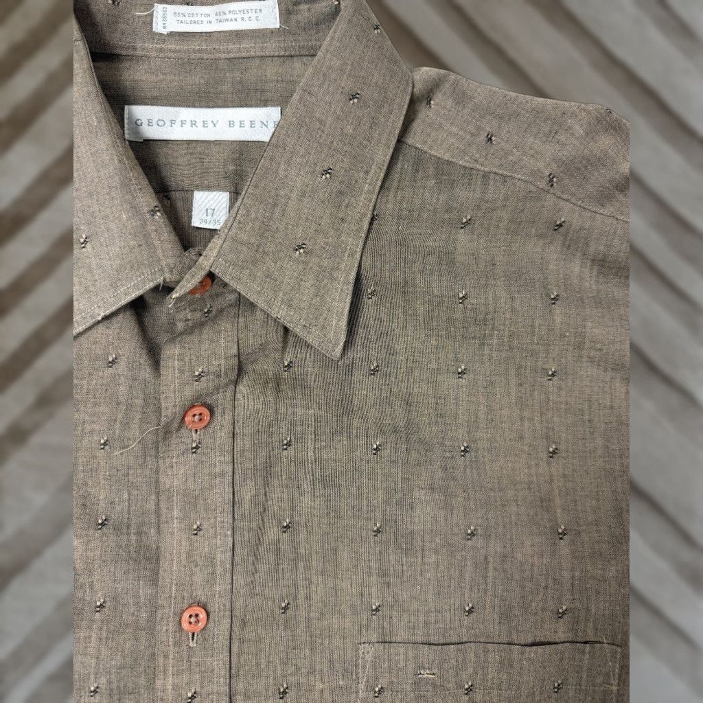 VINTAGE Geoffrey Beene Dress Shirt Men XL Beige Pattern 80s 90s Hipster  Preppy Classic Collared Long