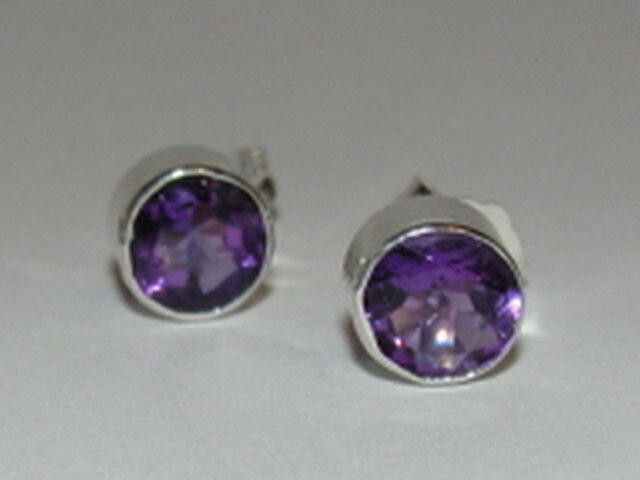 Handmade Sterling Silver Faceted Amethyst Bezel Set Earrings Size ONE SIZE - 1 Thumbnail