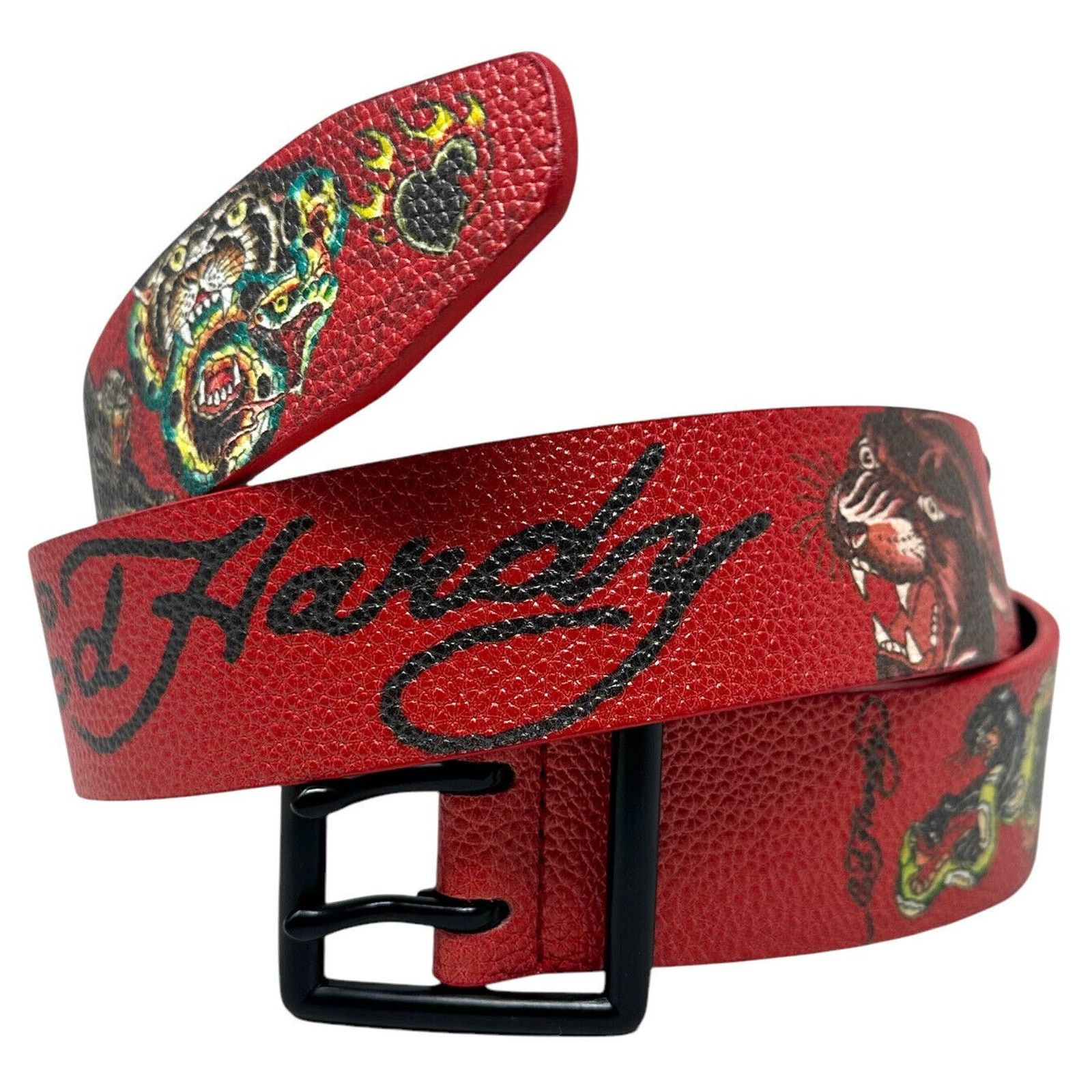 Ed Hardy Ed Hardy Men's Panther Print Red Belt With Rivet Studs Size 38 - 1 Thumbnail