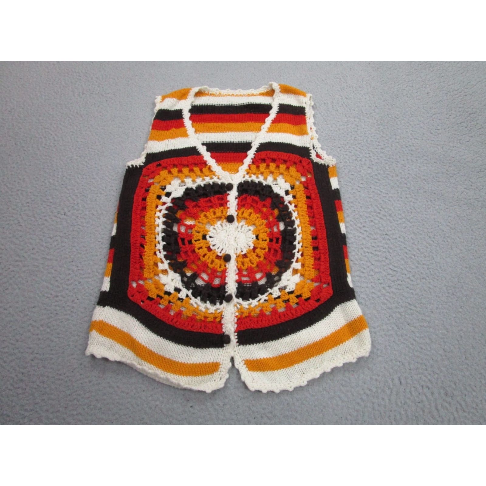 Vintage VINTAGE Granny Square Sweater Womens M Hand knit Crochet Boho 70s 80s Hippie Candy Corn Cardigan Knits Crochet Open-Knit V-Neck Sleeveless Orange Size M / US 6-8 / IT 42-44 - 2 Thumbnail