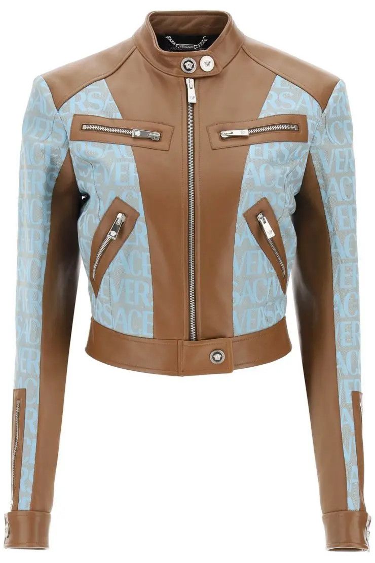 image of Versace O1S22I1N0324 Biker Jacket In Brown/light Blue, Women's (Size Small)