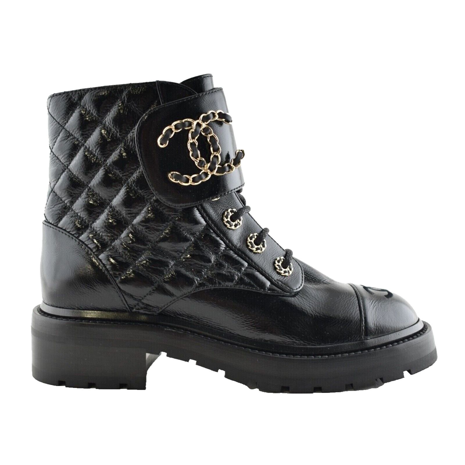 Chanel Chanel 21A Black Shiny Patent Quilted Gold CC Chain Size US 7 / IT 37 - 1 Thumbnail