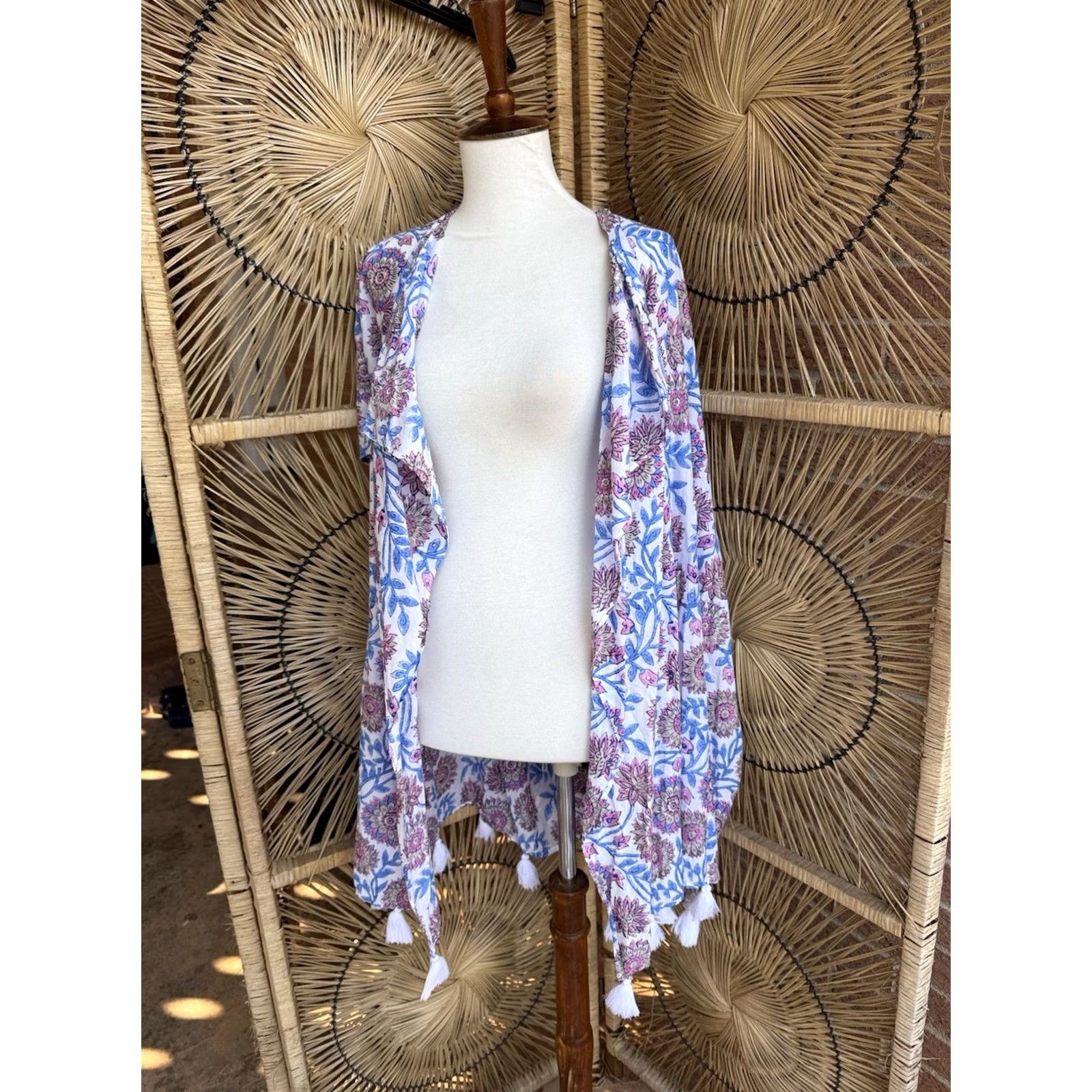 J.Crew J.CREW Boho Kimono Cover Up Floral Beach S/M White 100% Cotton Tassel Trim Open Front Womens Medium Size M / US 6-8 / IT 42-44 - 5 Thumbnail