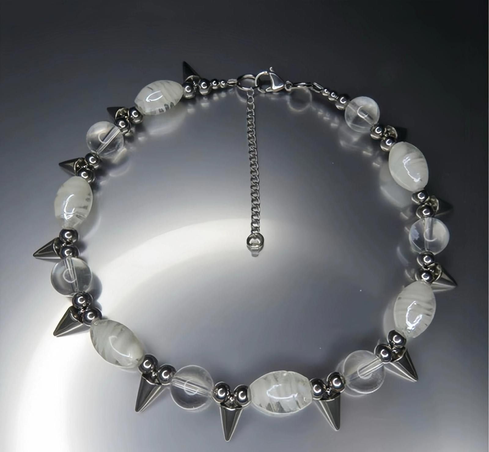Jewelry White Beaded Spike Spiked Choker Necklace, Punk Jewelry Size ONE SIZE - 5 Thumbnail