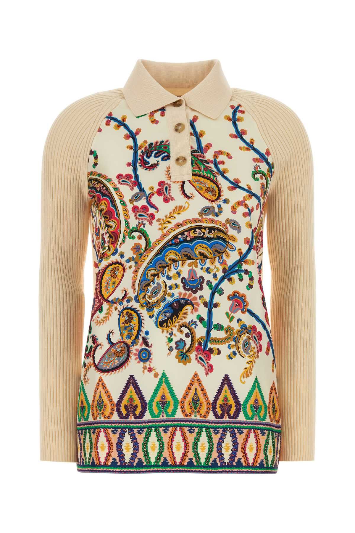 Ivory Knit And Silk Polo Shirt